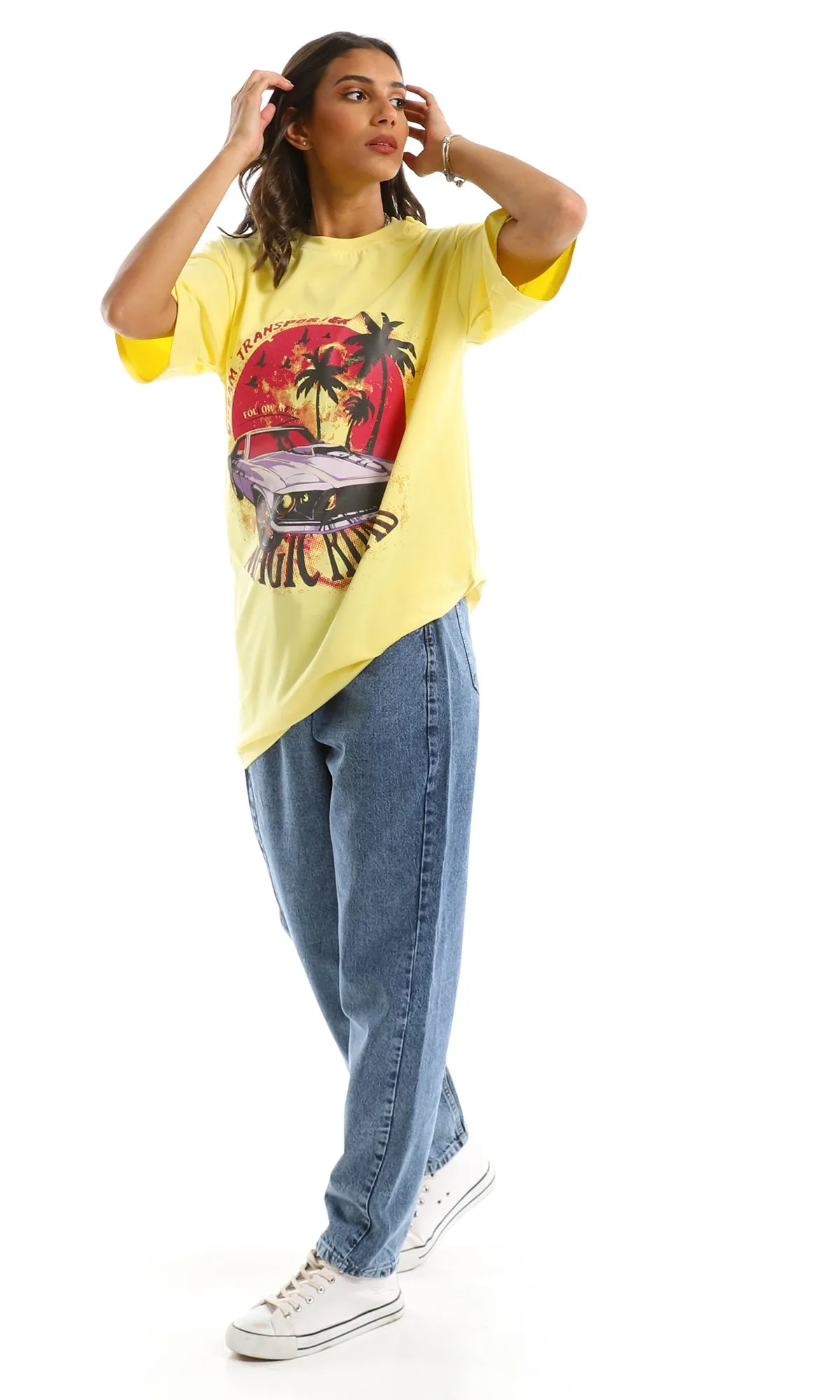 97597 "Dream Transporter" Printed Oversized Summer Tee - Yellow
