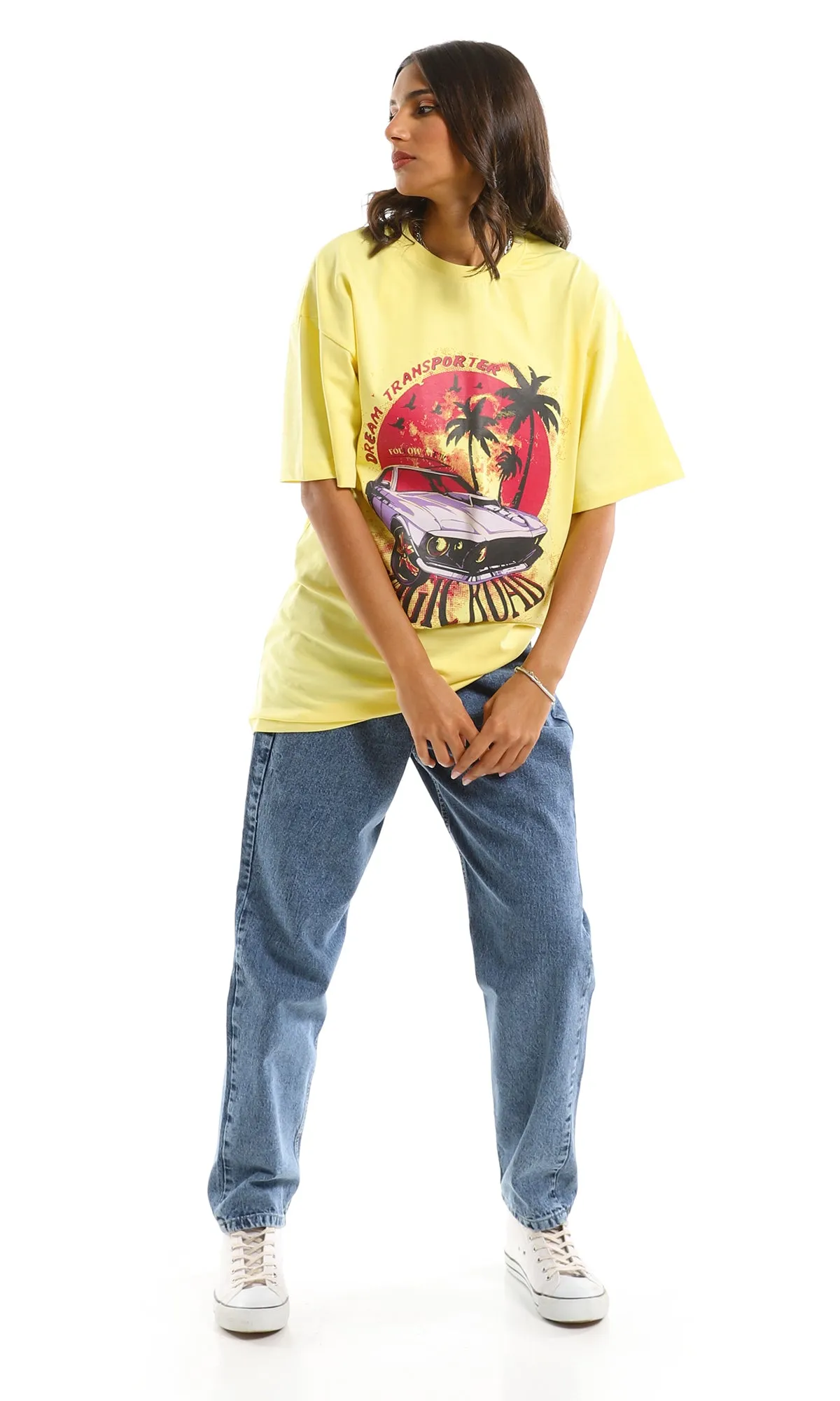 97597 "Dream Transporter" Printed Oversized Summer Tee - Yellow