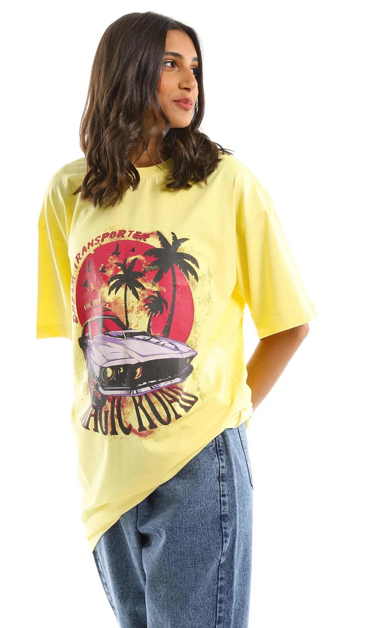 97597 "Dream Transporter" Printed Oversized Summer Tee - Yellow