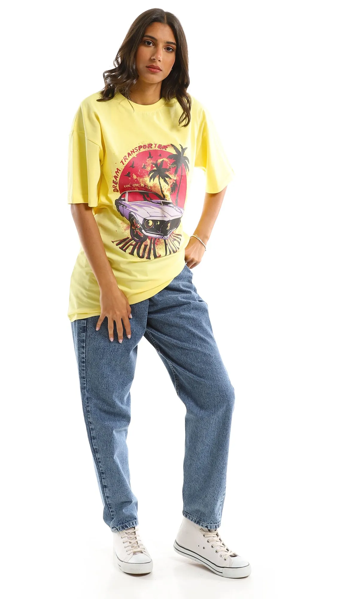 97597 "Dream Transporter" Printed Oversized Summer Tee - Yellow