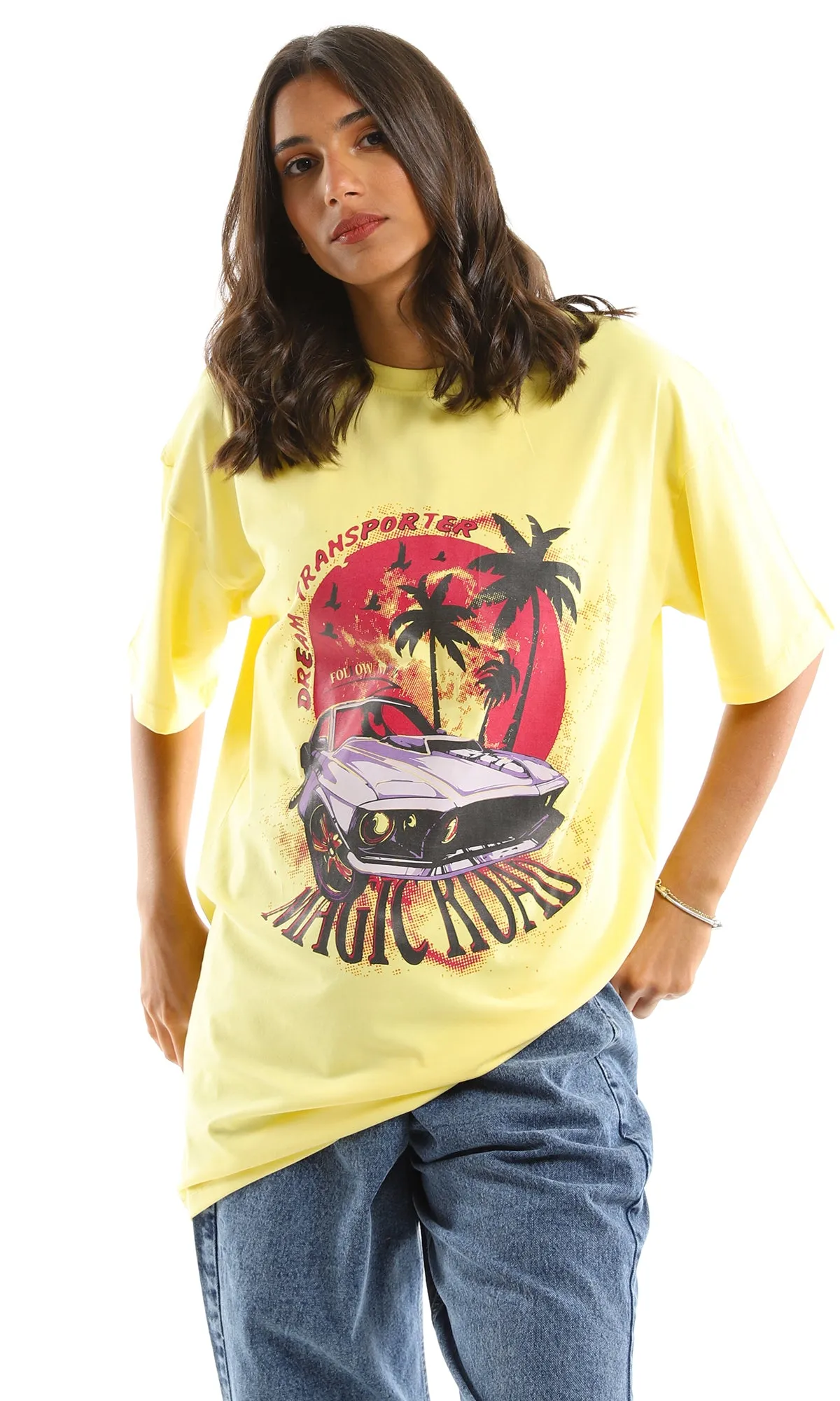 97597 "Dream Transporter" Printed Oversized Summer Tee - Yellow