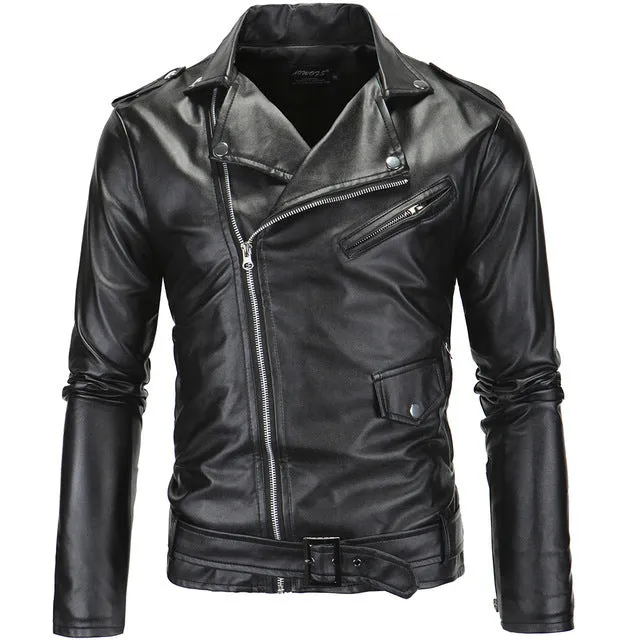 AKSR Men's Leather Jacket Stand Collar Cropped Diagonal Zipper Punk Style Casual Slim Jacket Faux Fur Coat Men Hot Size M-4XL
