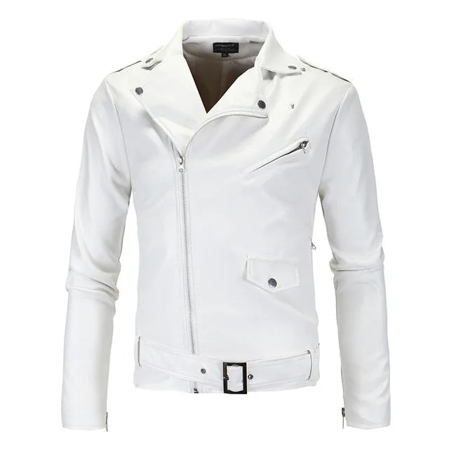 AKSR Men's Leather Jacket Stand Collar Cropped Diagonal Zipper Punk Style Casual Slim Jacket Faux Fur Coat Men Hot Size M-4XL