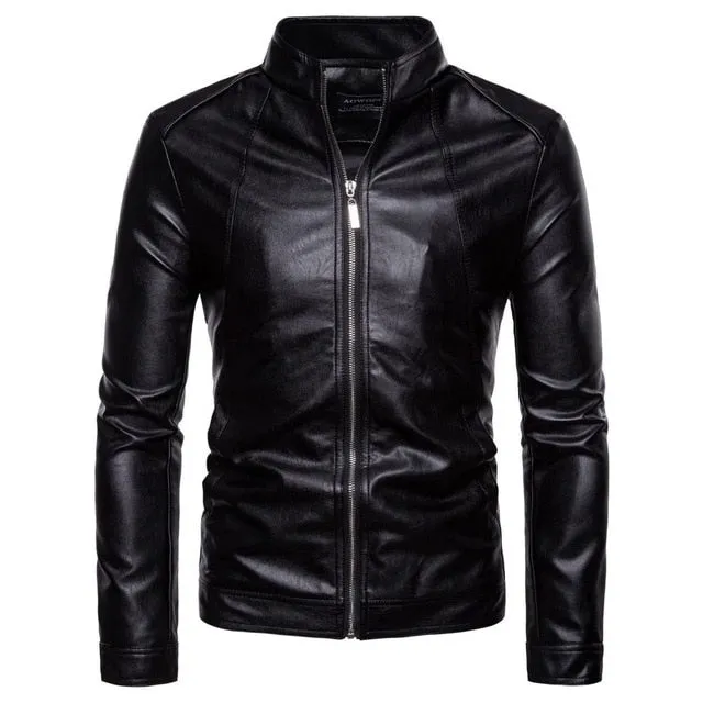 AKSR Men's Leather Jacket Stand Collar Cropped Diagonal Zipper Punk Style Casual Slim Jacket Faux Fur Coat Men Hot Size M-4XL