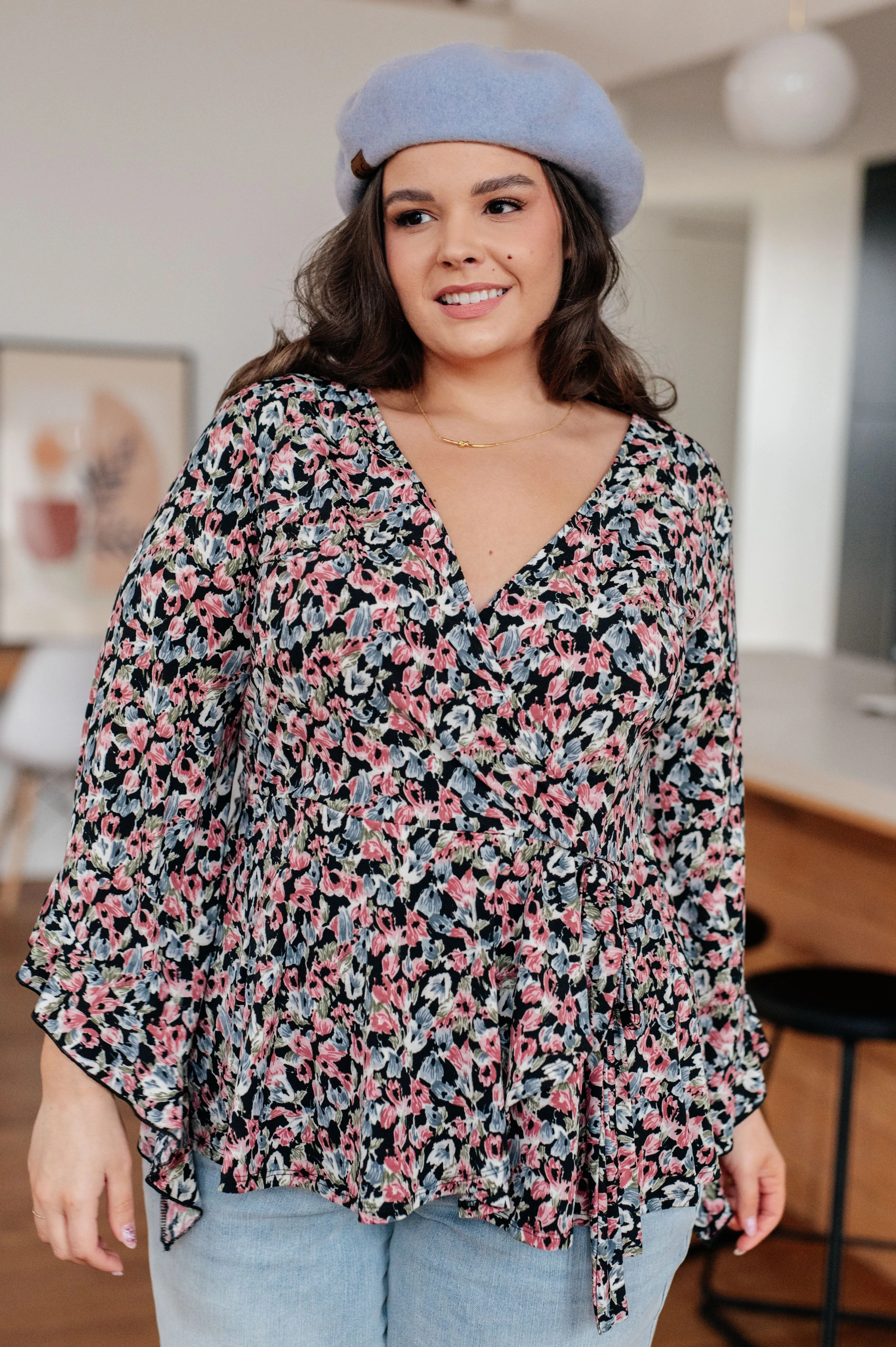 Angel Sleeve Top in Black Floral