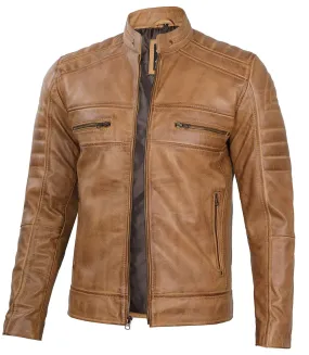 Austin Mens Distressed Tan Cafe Racer Real Leather Jacket