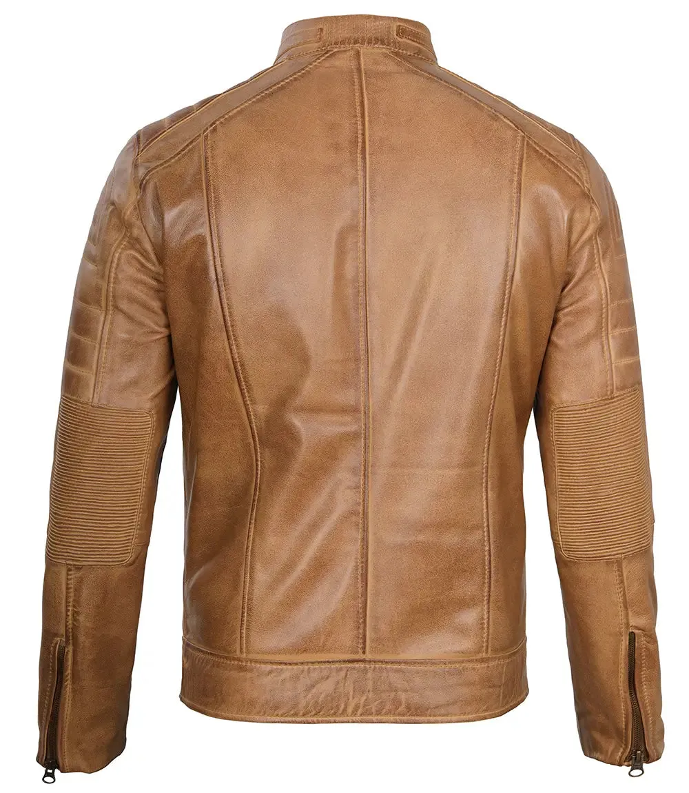 Austin Mens Distressed Tan Cafe Racer Real Leather Jacket