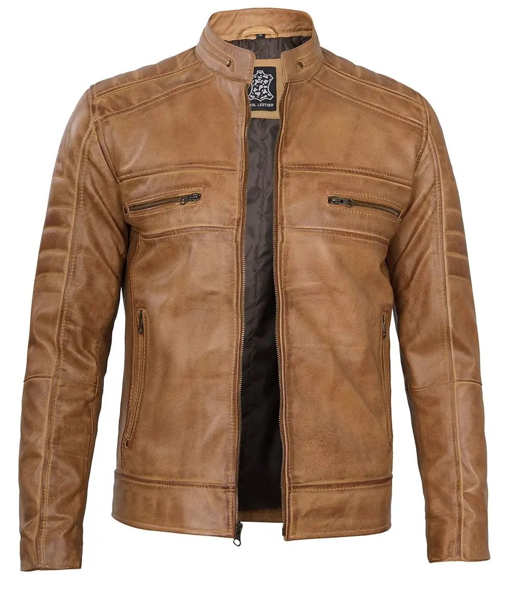 Austin Mens Distressed Tan Cafe Racer Real Leather Jacket