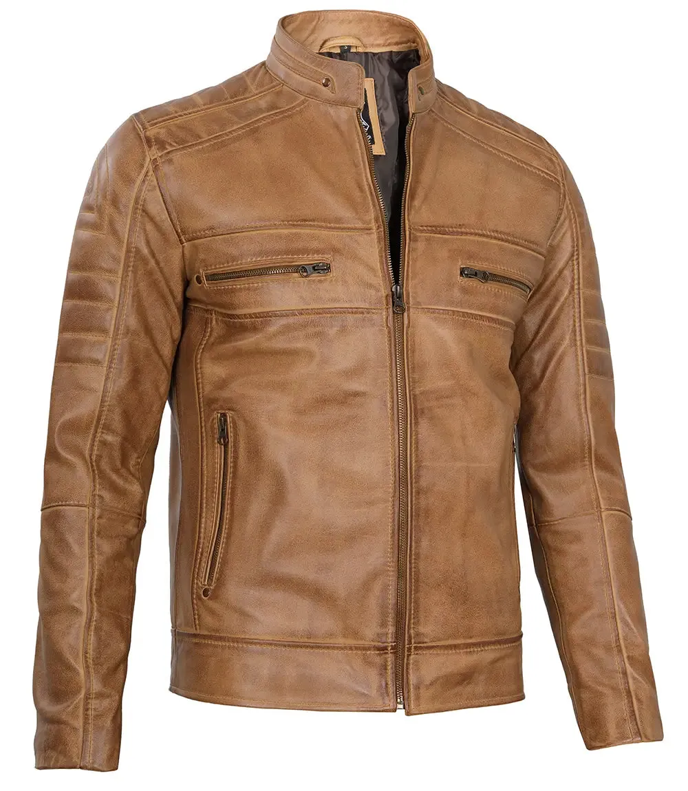 Austin Mens Distressed Tan Cafe Racer Real Leather Jacket