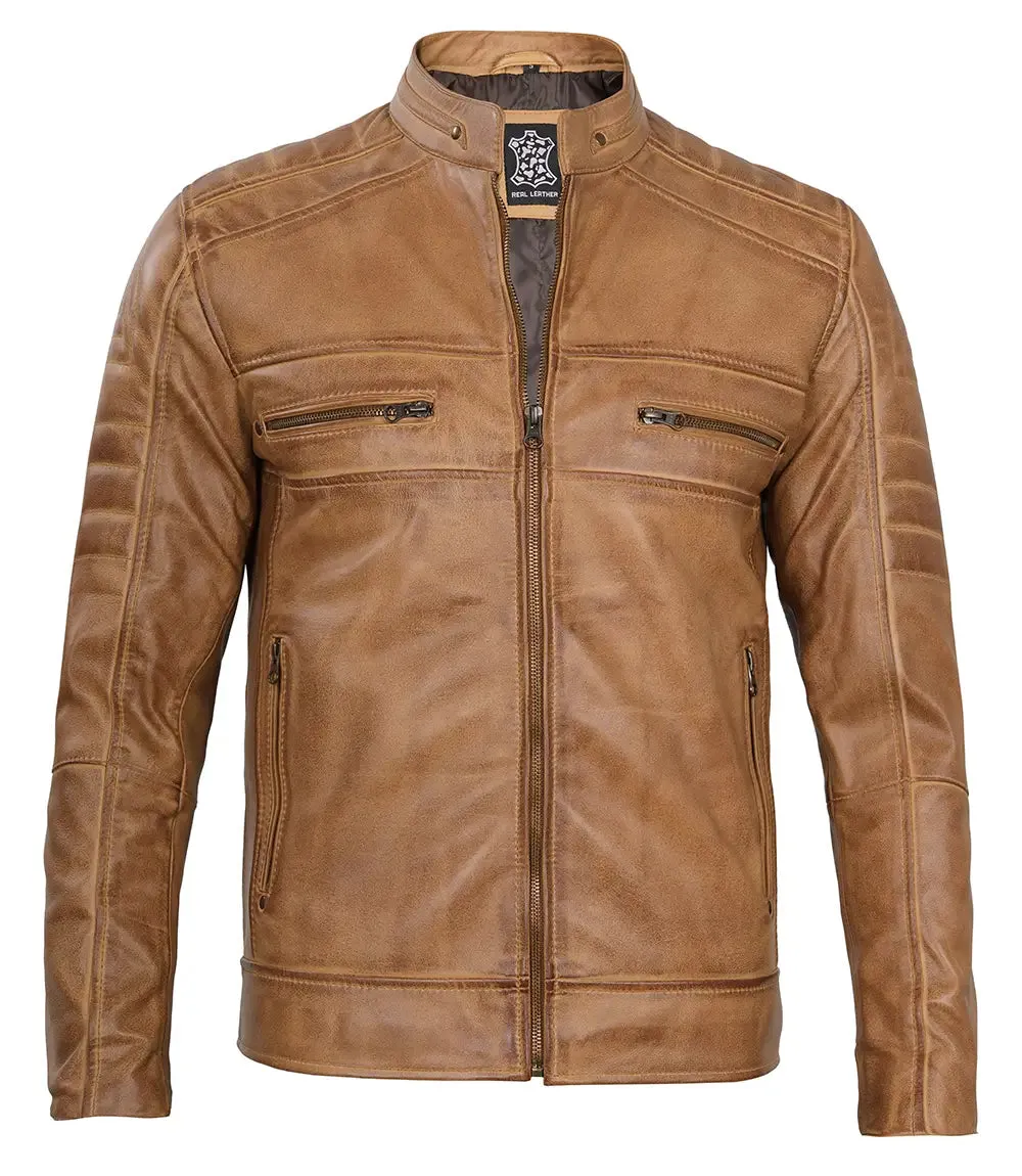 Austin Mens Distressed Tan Cafe Racer Real Leather Jacket