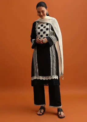 Black Thread Work Kurta Palazzo Set With Dupatta