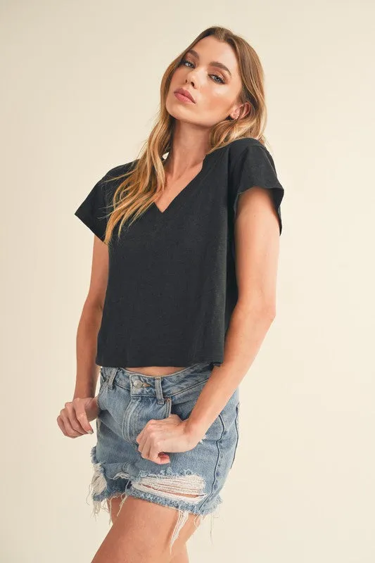 Black V-Neck Cropped T-Shirt – Short Sleeve Side Slit Cotton Tee