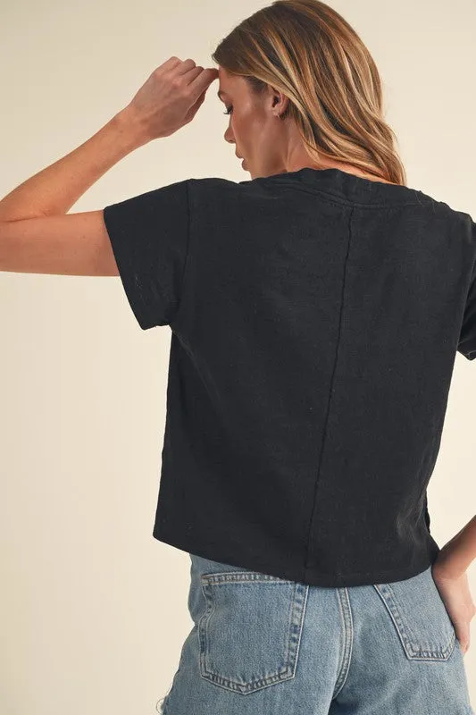 Black V-Neck Cropped T-Shirt – Short Sleeve Side Slit Cotton Tee