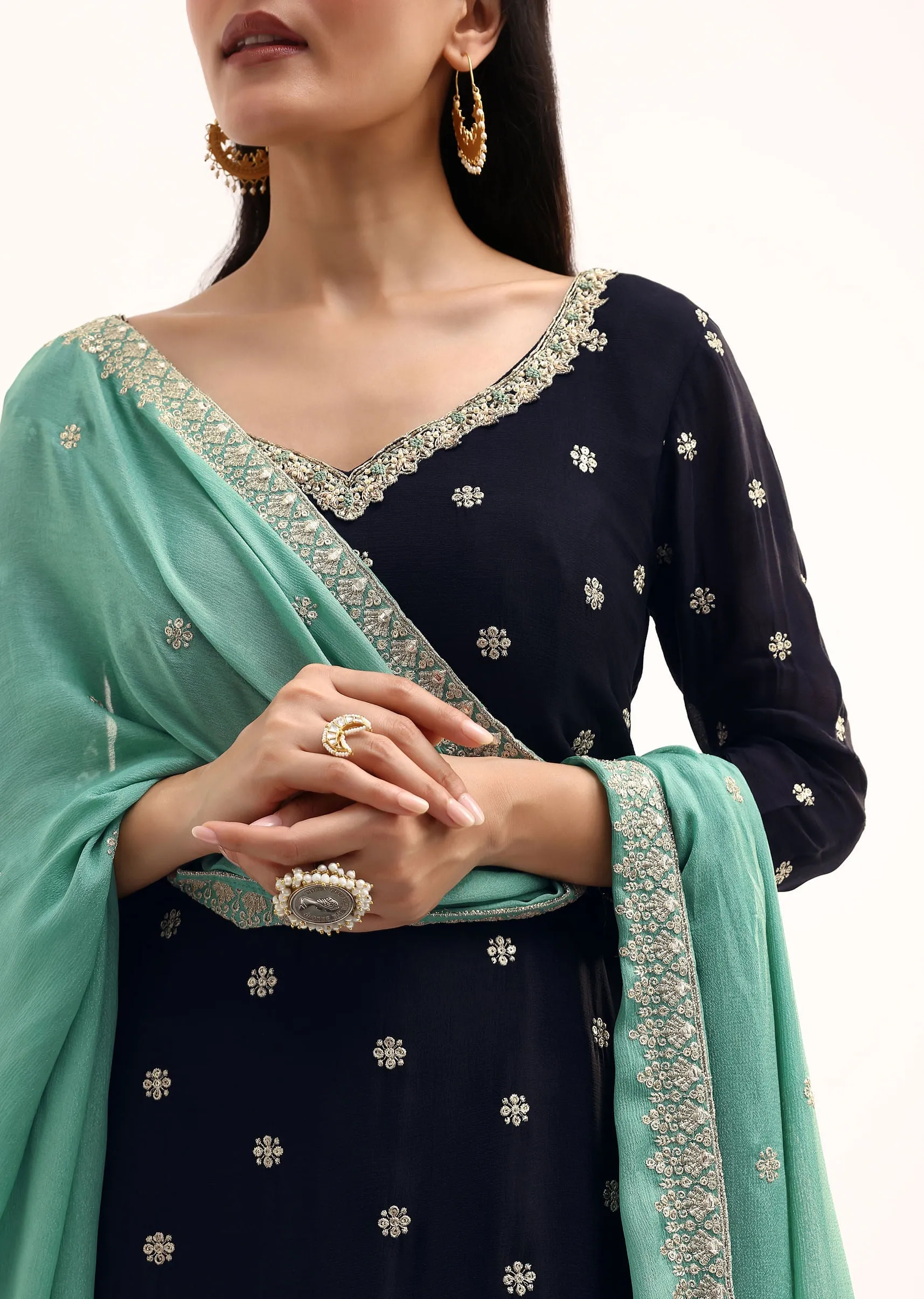 Blue And Sea Blue Kurta Palazzo With Dupatta In Zari Work