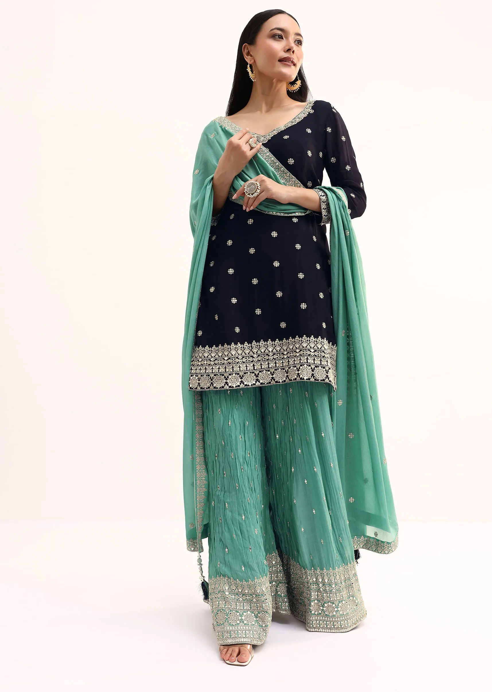 Blue And Sea Blue Kurta Palazzo With Dupatta In Zari Work