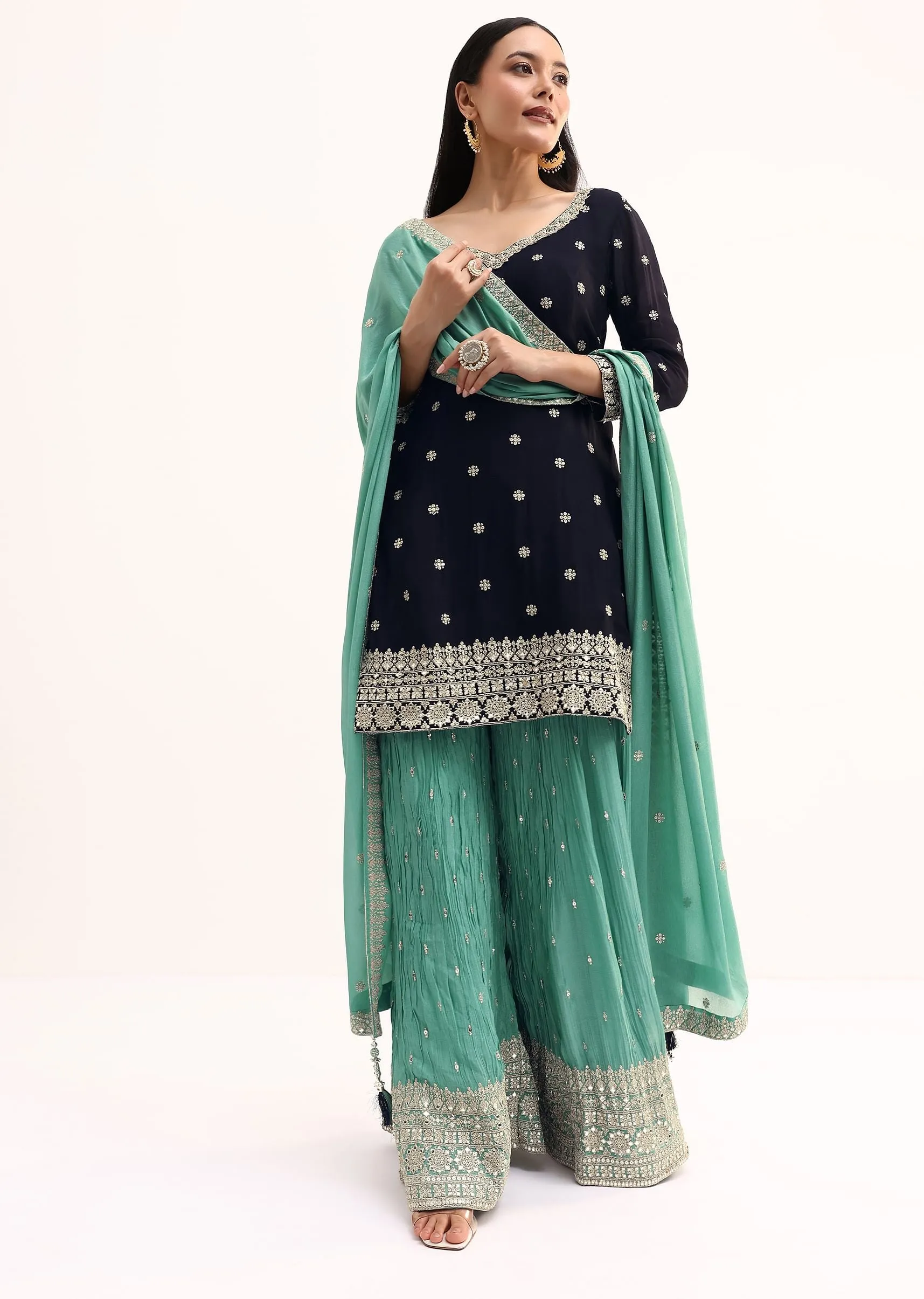 Blue And Sea Blue Kurta Palazzo With Dupatta In Zari Work