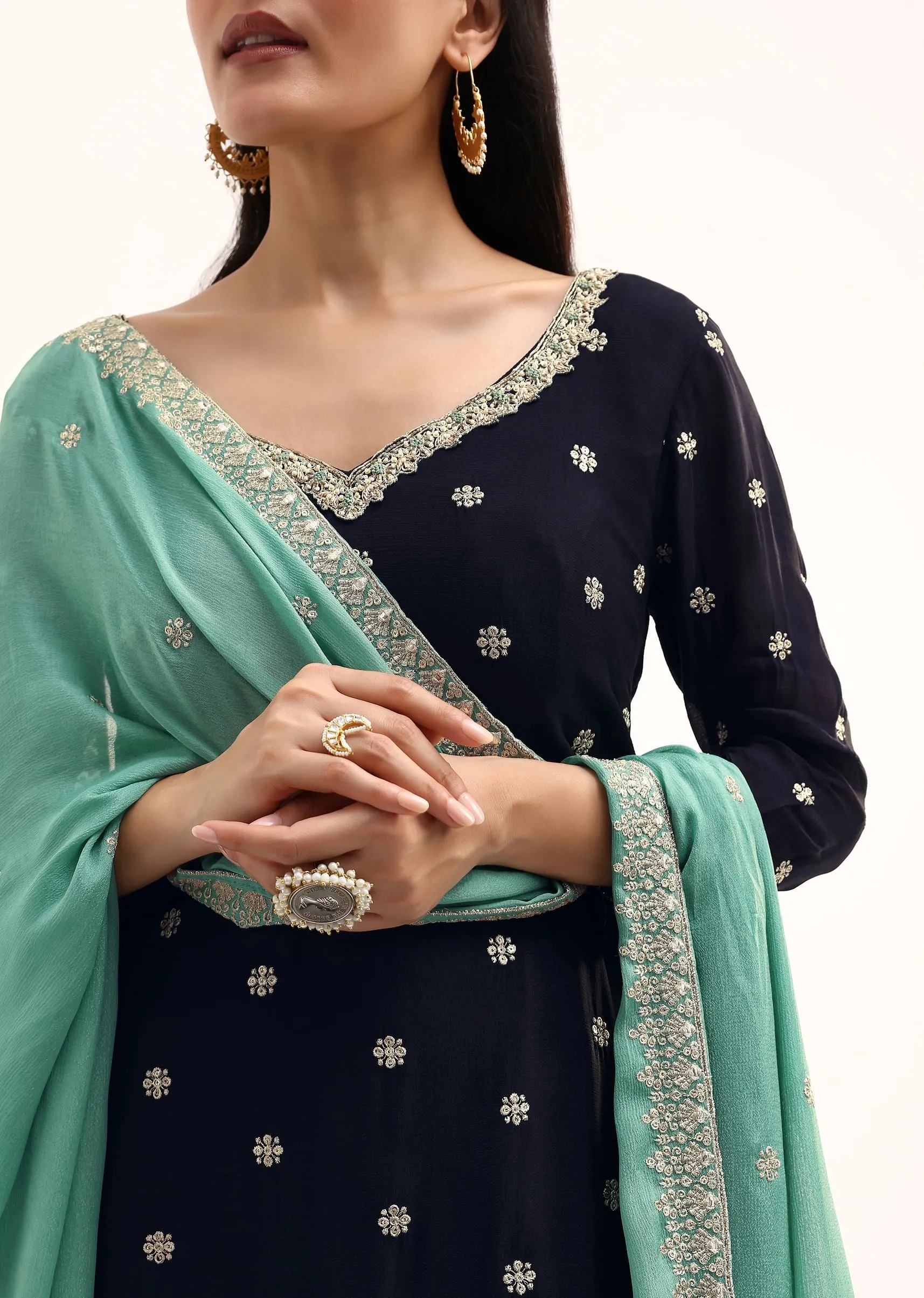 Blue And Sea Blue Kurta Palazzo With Dupatta In Zari Work