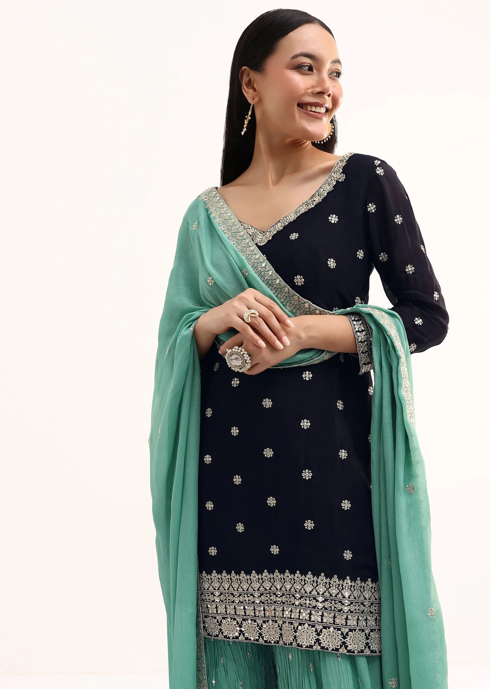 Blue And Sea Blue Kurta Palazzo With Dupatta In Zari Work