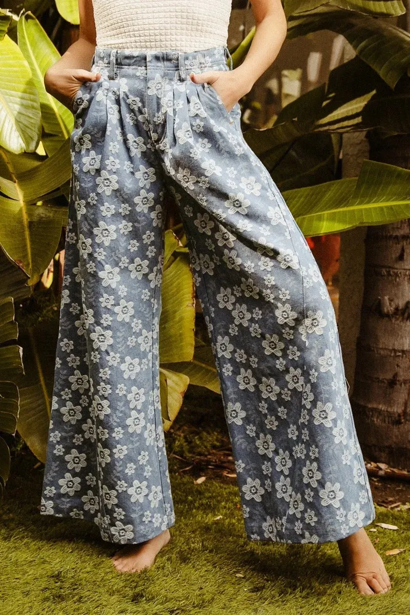 Floral Texture Wide Leg Jeans
