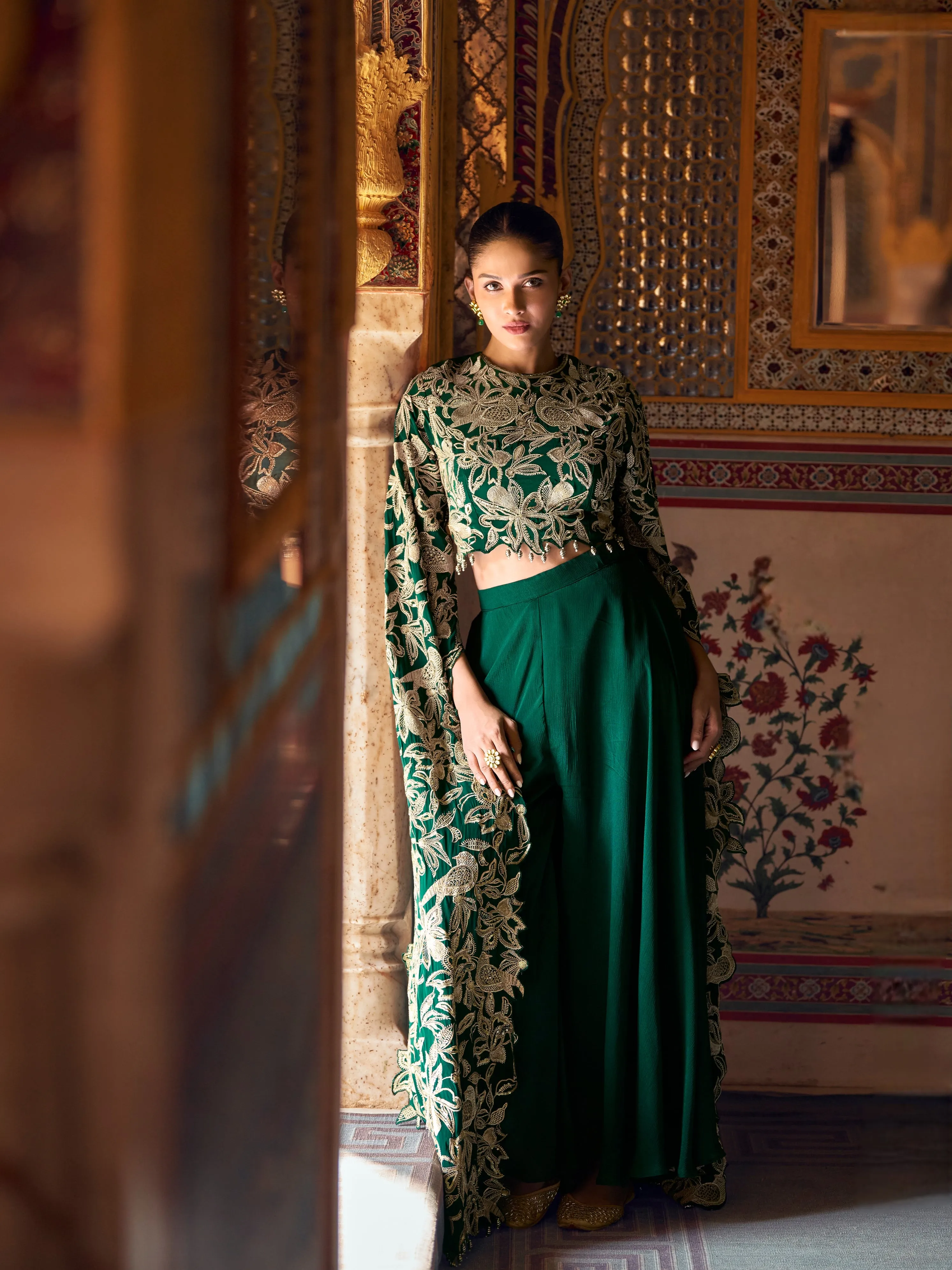 Green Embroidered Chinon Palazzo Suit