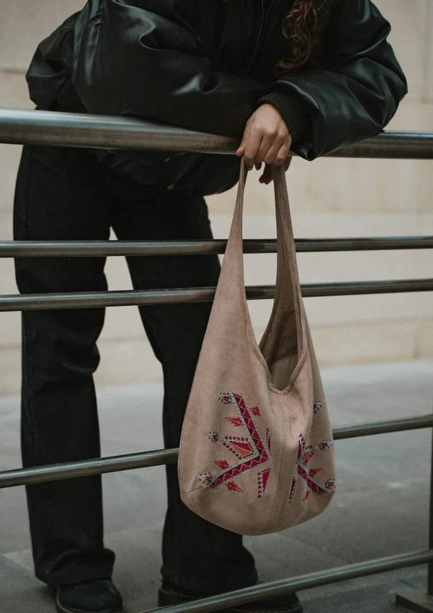 Hand-Embroidered Slouchy Shoulder Bag