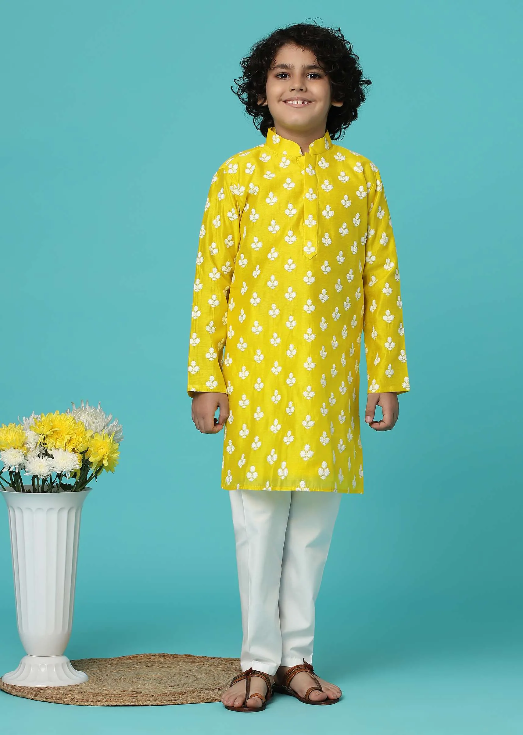 KALKI Canary Yellow Kurta Set With Threadwork For Boys