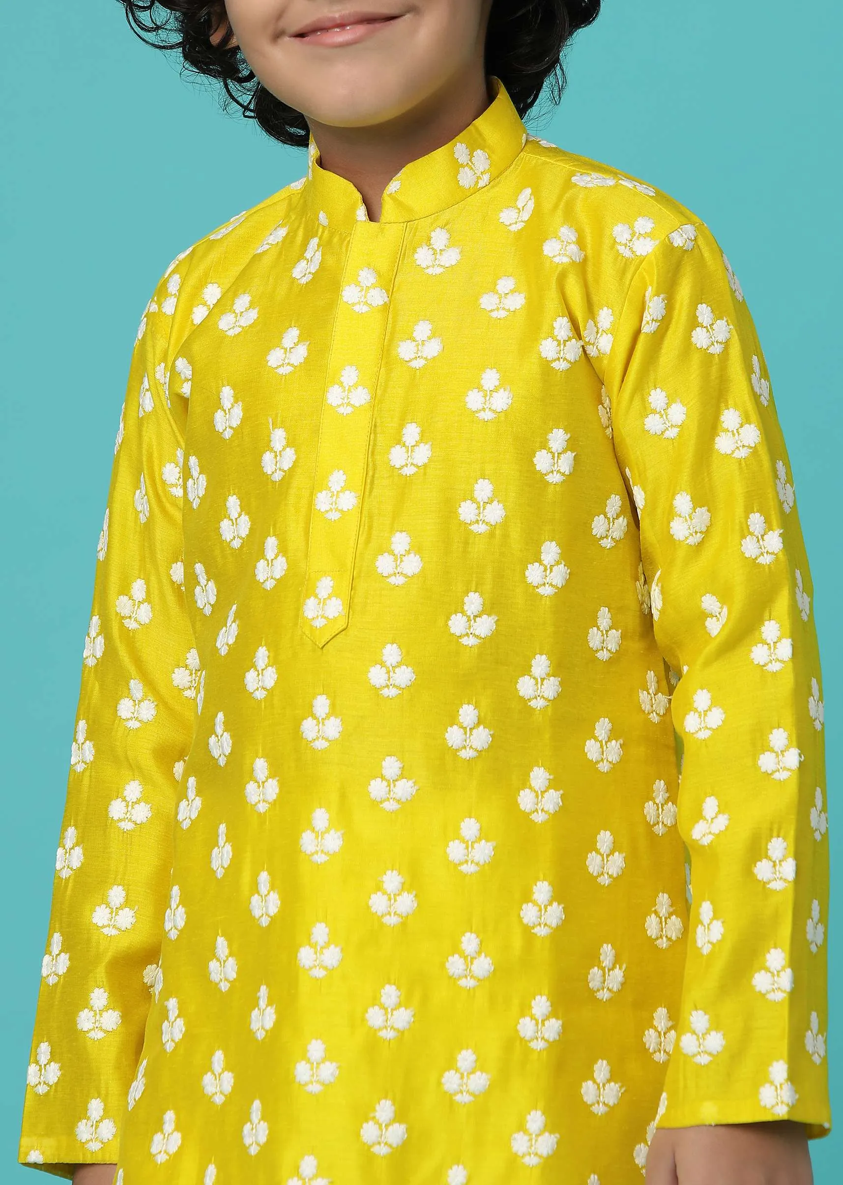 KALKI Canary Yellow Kurta Set With Threadwork For Boys