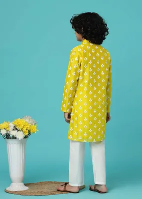 KALKI Canary Yellow Kurta Set With Threadwork For Boys