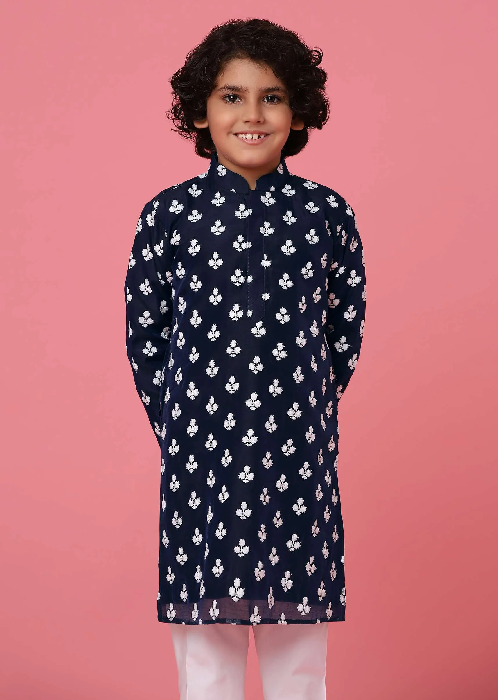 KALKI Navy Blue Kurta Set With Threadwork For Boys