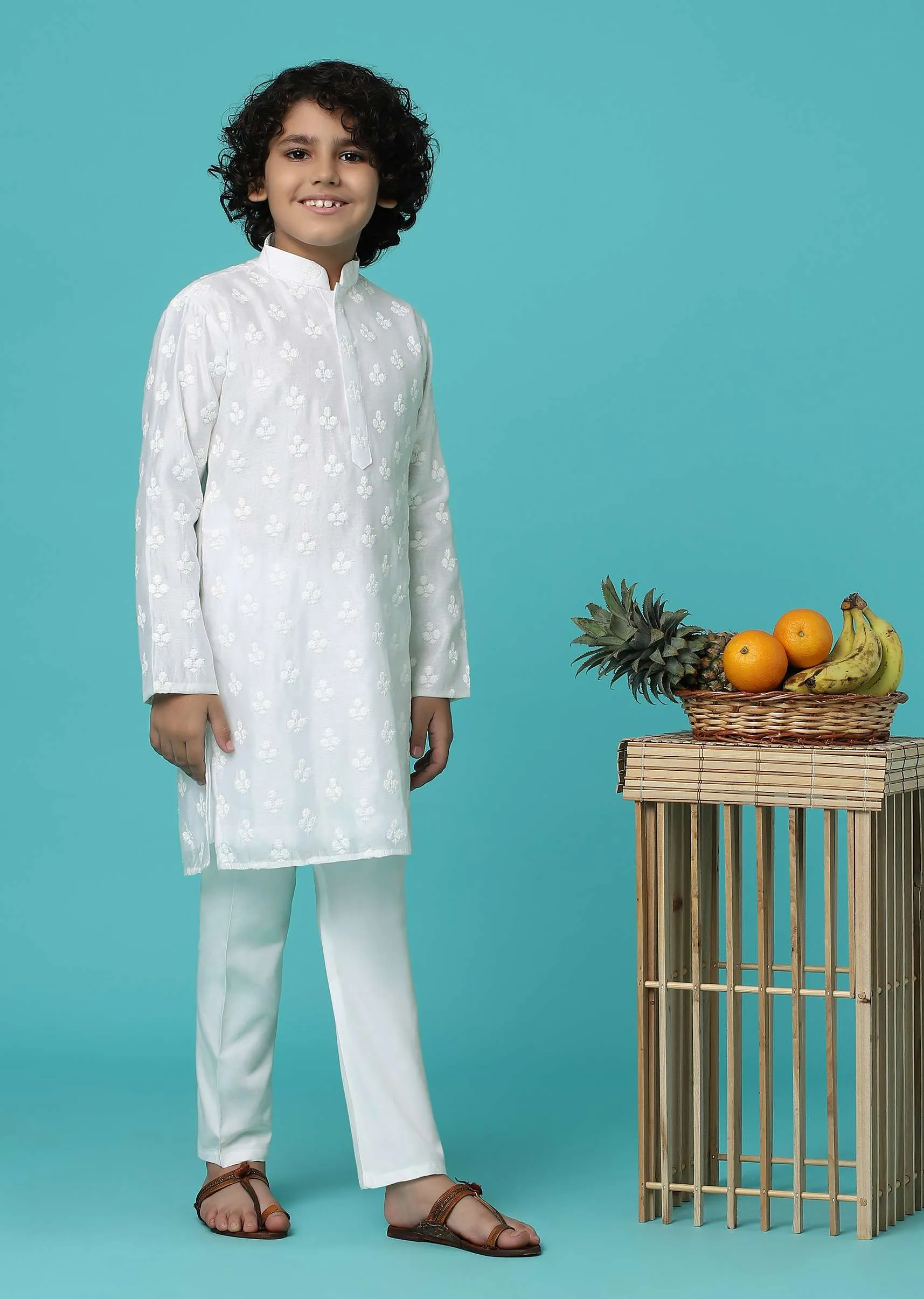 KALKI Pearl White Kurta Set With Threadwork For Boys