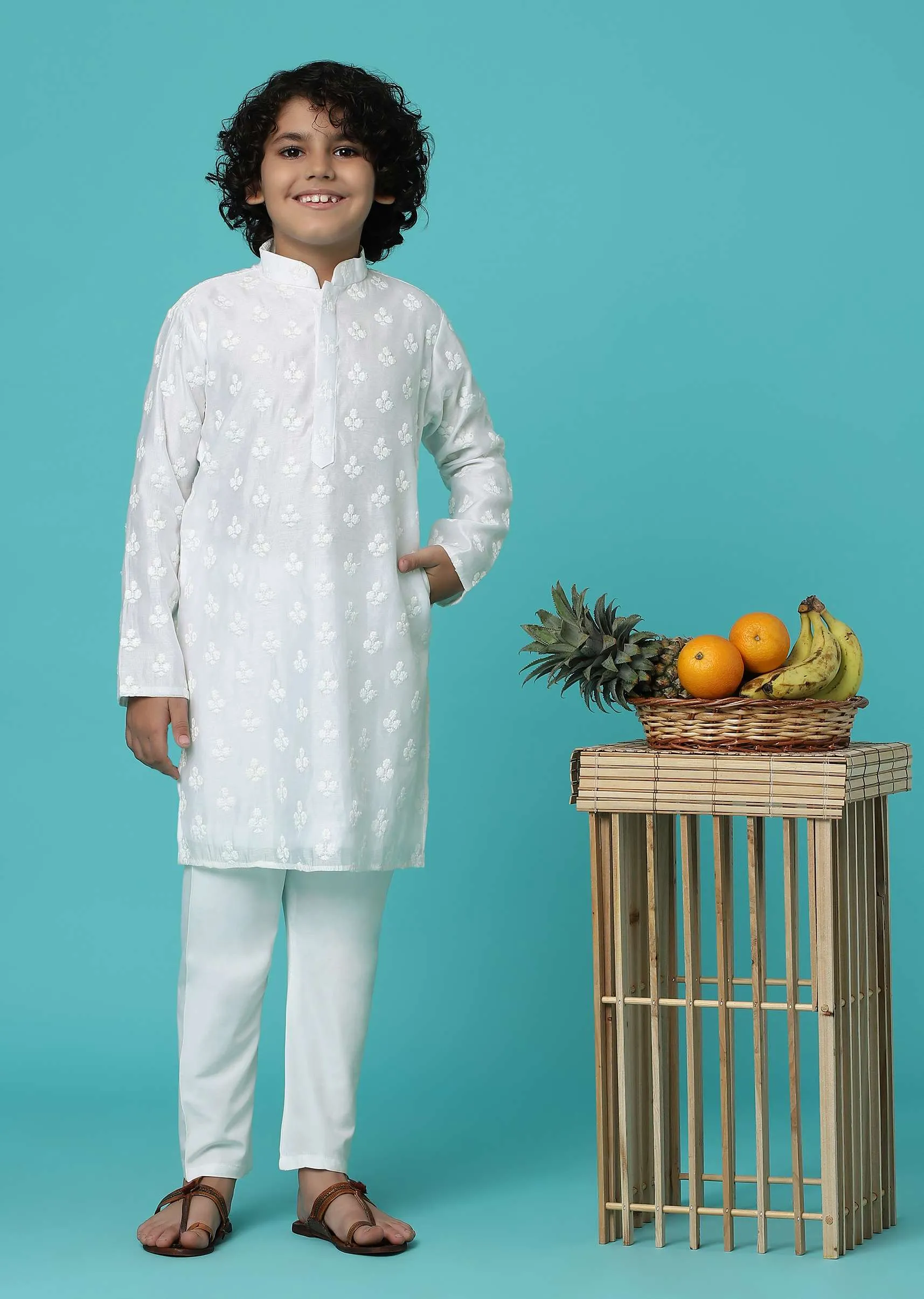 KALKI Pearl White Kurta Set With Threadwork For Boys