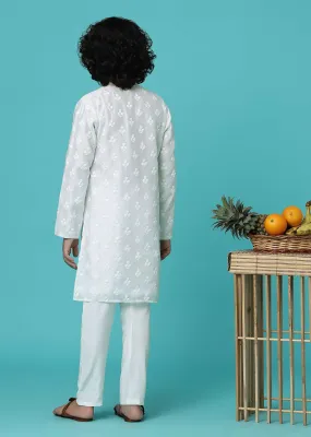 KALKI Pearl White Kurta Set With Threadwork For Boys
