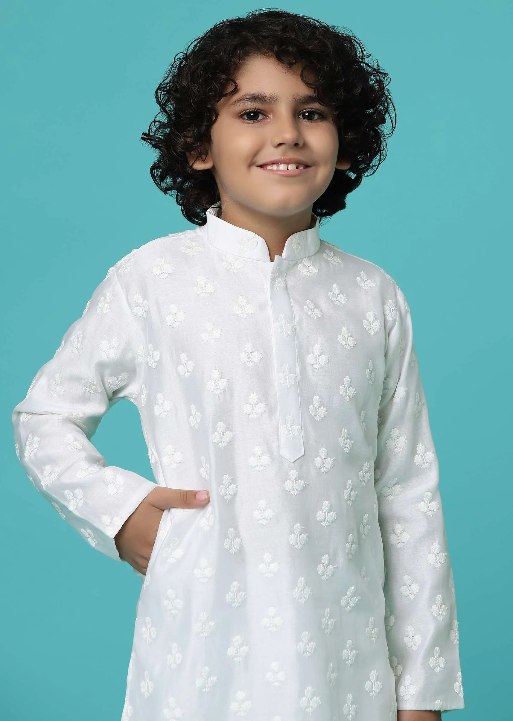 KALKI Pearl White Kurta Set With Threadwork For Boys