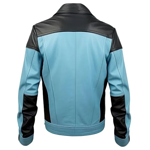 Leather Jets Mens Sky Blue Black Genuine Sheepskin Shirt Collar Classy Moto Biker Outfit Rider Racer Smooth Leather Jacket