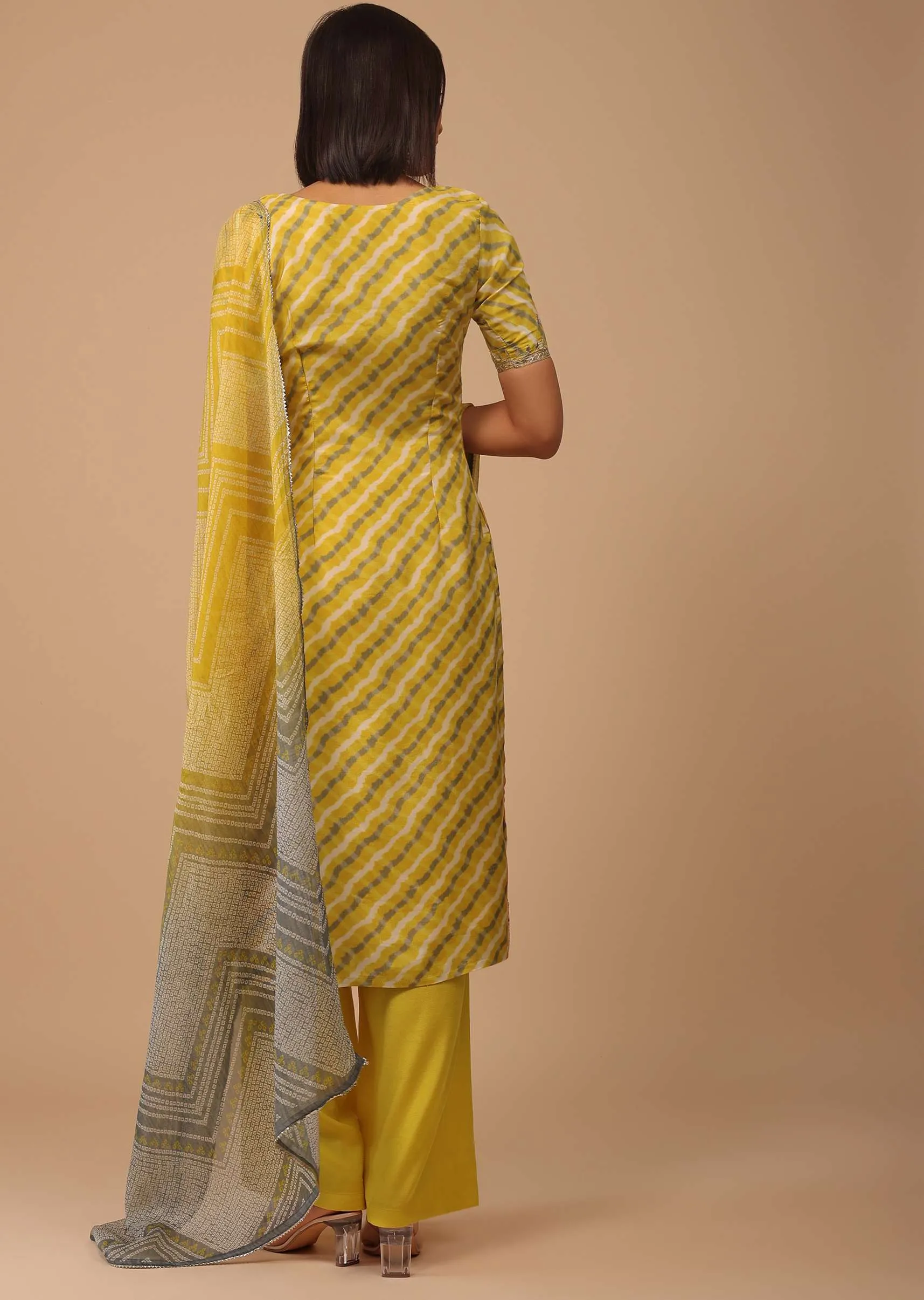 Marigold Yellow Embroidered Leheriya Printed Cotton Palazzo Suit With Printed Dupatta