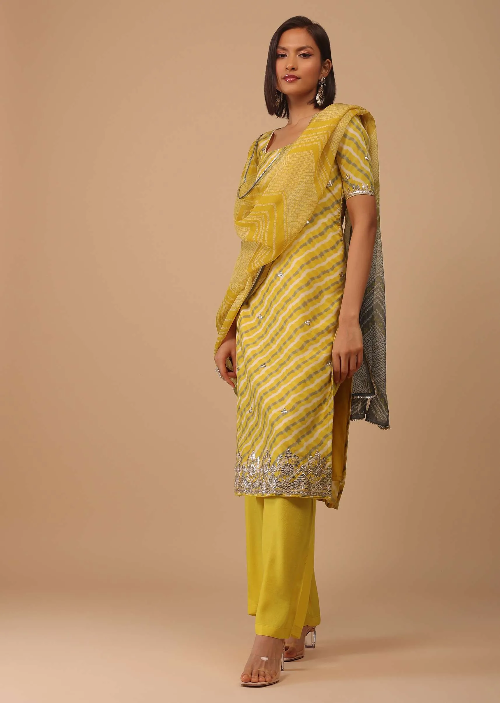 Marigold Yellow Embroidered Leheriya Printed Cotton Palazzo Suit With Printed Dupatta