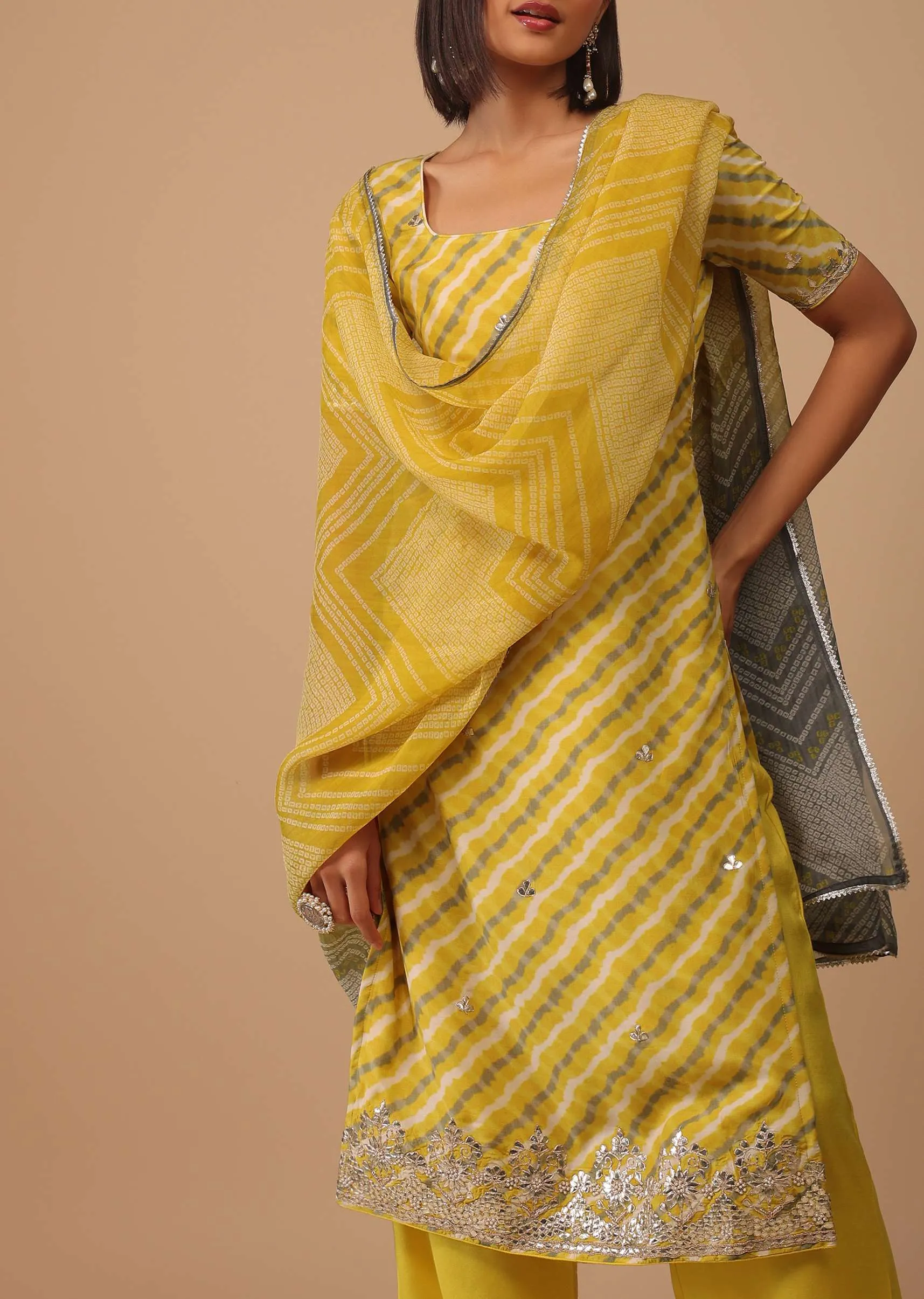 Marigold Yellow Embroidered Leheriya Printed Cotton Palazzo Suit With Printed Dupatta