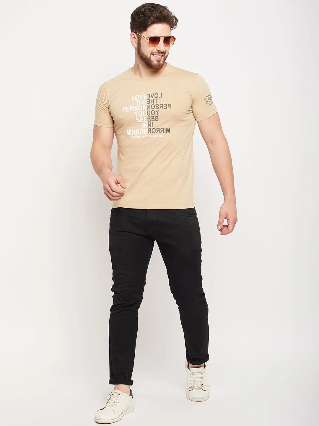 Men Beige Round Neck T-Shirt