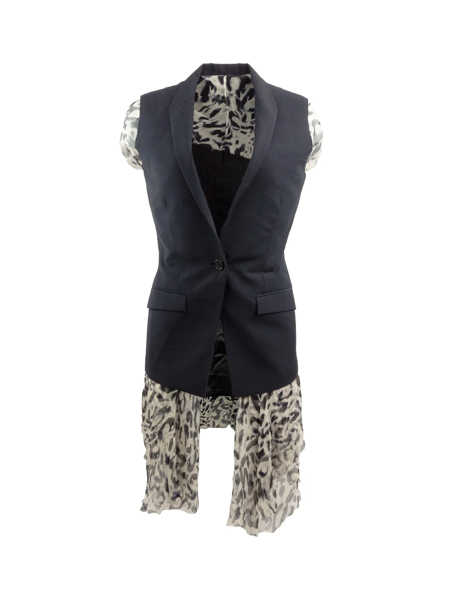 Midnight Blue Leopard Silk Sleeveless Blazer