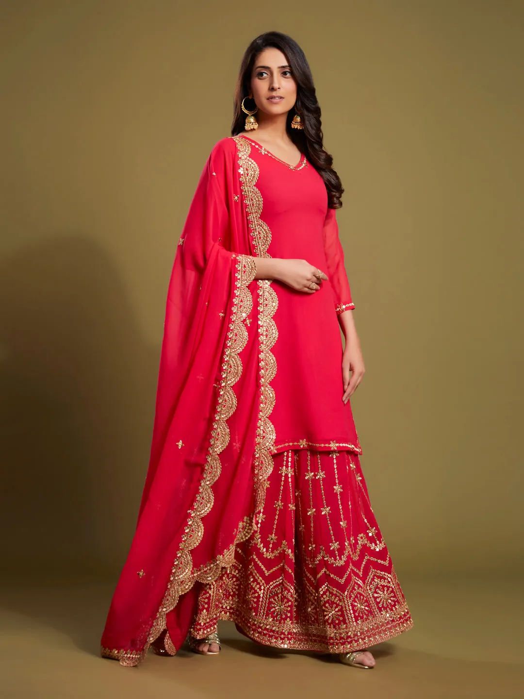 Pink Georgette Palazzo Suit with Sequins and Zari Work