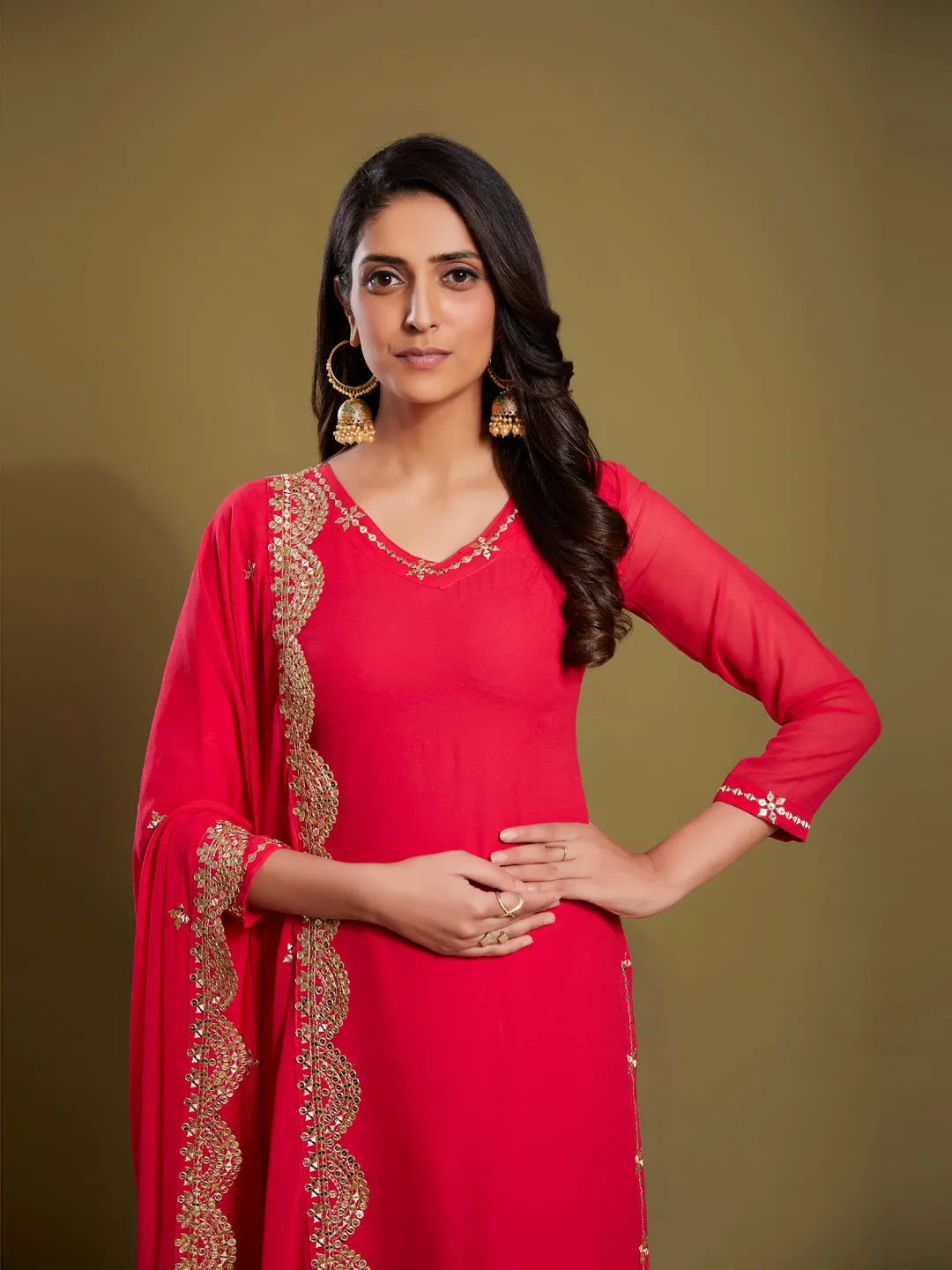 Pink Georgette Palazzo Suit with Sequins and Zari Work