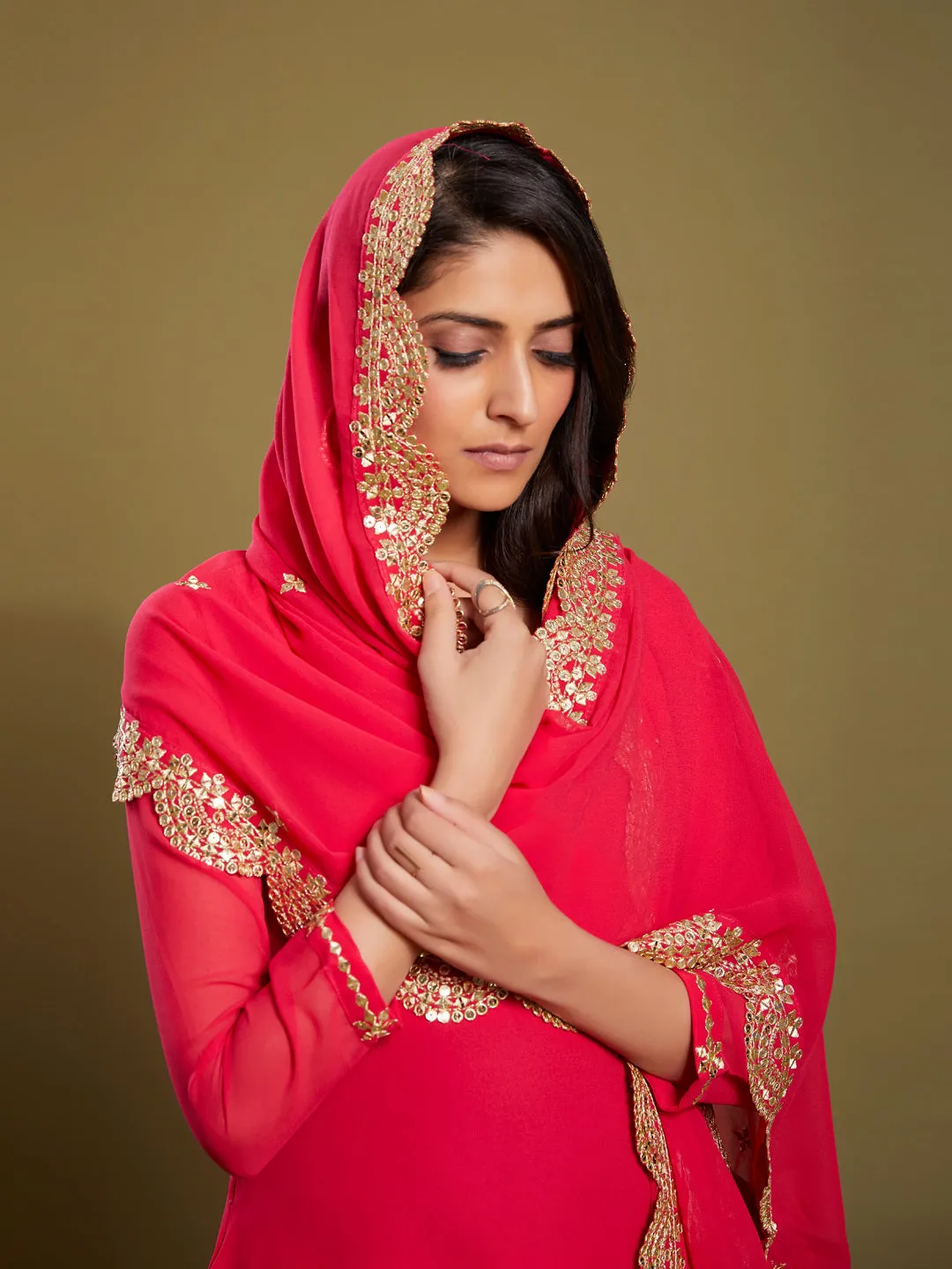 Pink Georgette Palazzo Suit with Sequins and Zari Work