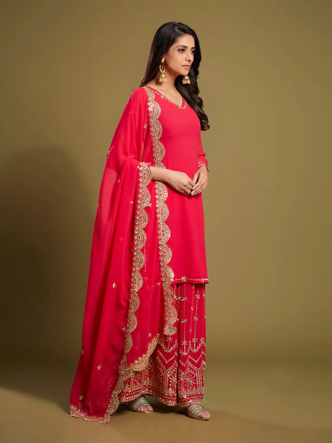 Pink Georgette Palazzo Suit with Sequins and Zari Work