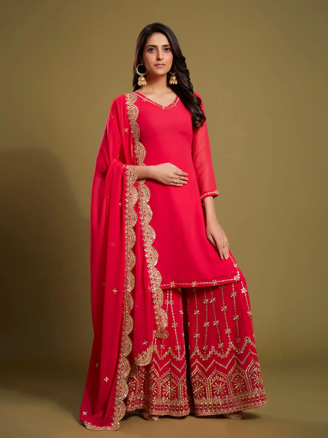 Pink Georgette Palazzo Suit with Sequins and Zari Work