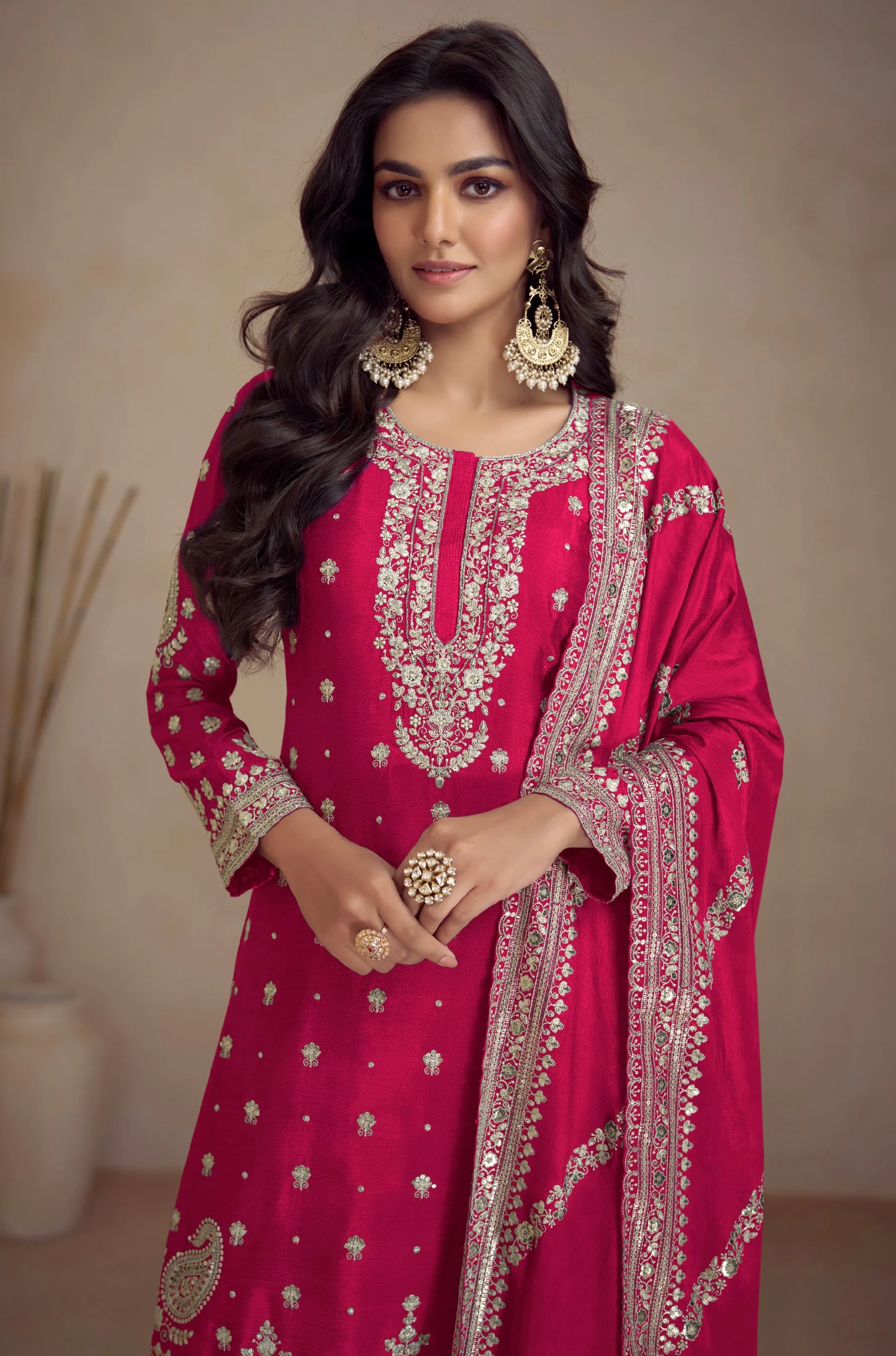 Pink Real Chinon Palazzo Suit with Embroidery