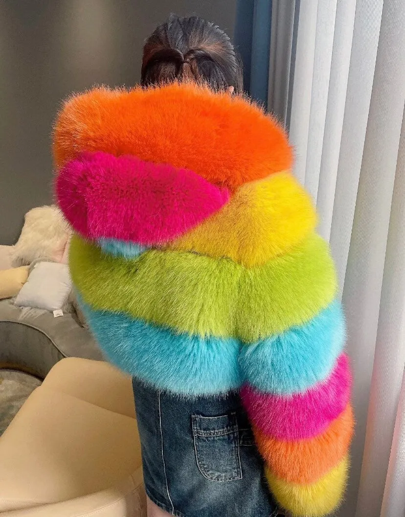 Rainbow Multicolour Cropped Hooded Faux Fur Jacket