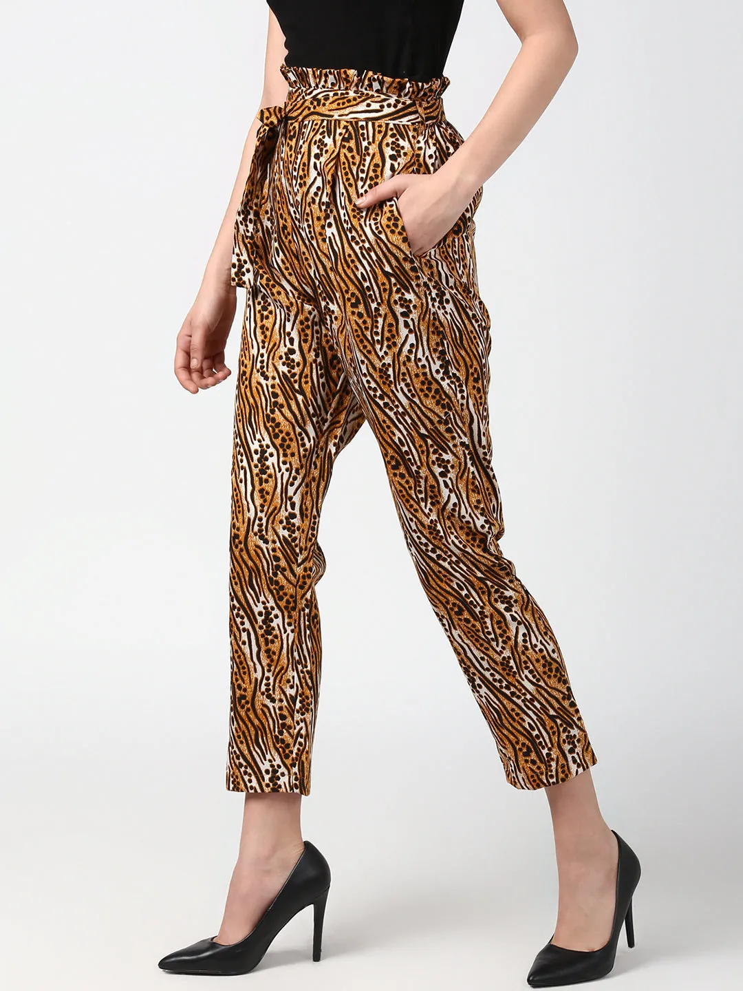 Women's Animal Print Paperbag Elasticated waistline Pants