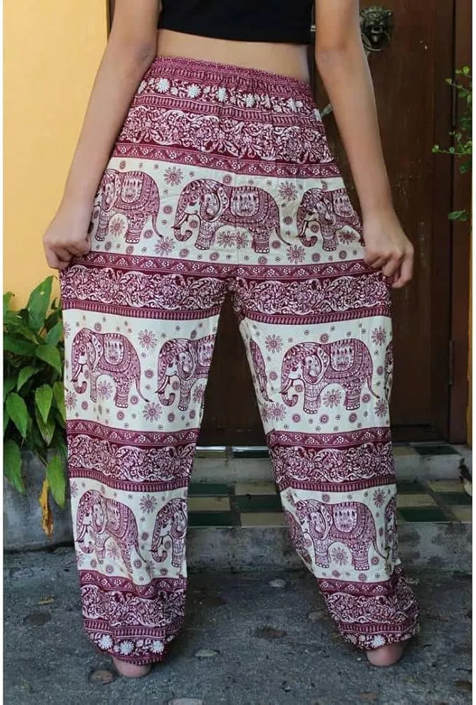 Women's Rayon Print Smocked Waist Boho Harem Pant (Red & Wite Elephant)