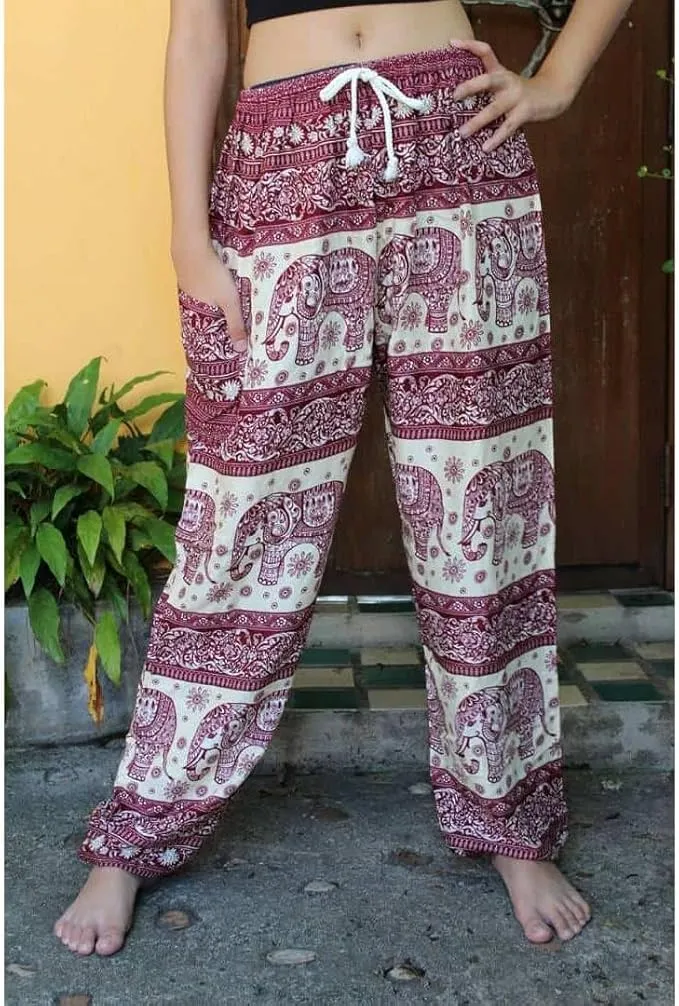Women's Rayon Print Smocked Waist Boho Harem Pant (Red & Wite Elephant)